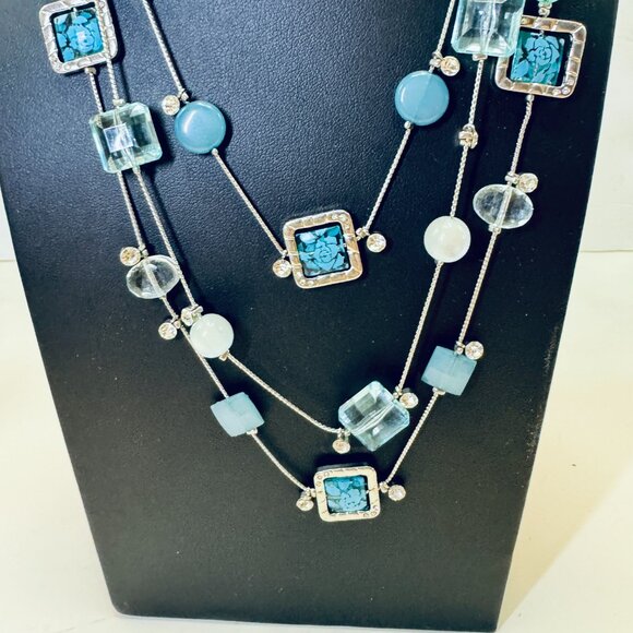 Silver Tone 3 Strands Necklace Blue Square and Round Beads clear Rhinestones - Picture 3 of 7
